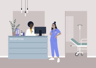 A health clinic reception, a young female Asian doctor wearing a uniform, healthcare and medicine