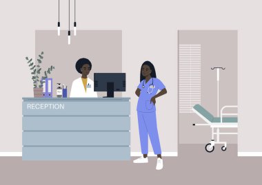 A health clinic reception, a young female African doctor wearing a uniform, healthcare and medicine