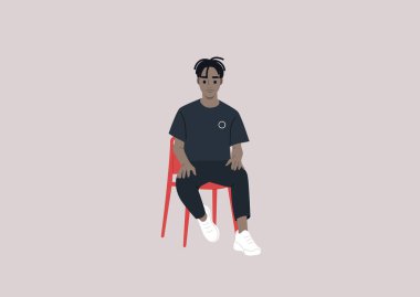 Genç bir Afrikalı erkek, kırmızı sandalyede oturuyor, kendine güvenen yakışıklı bir çocuk.