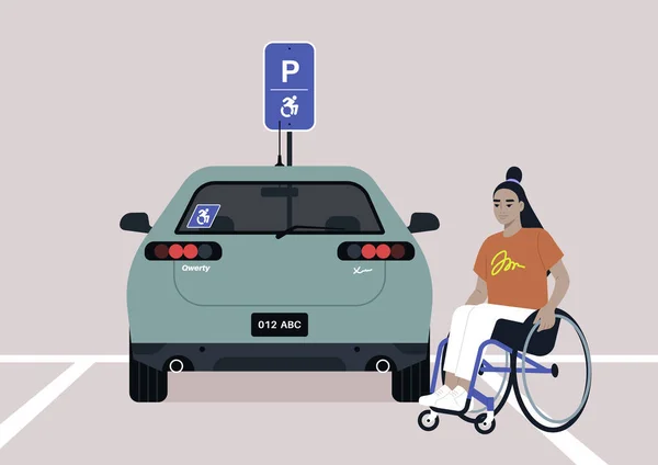 City Services Accessible Parking Lot Person Disabilities Young Female Asian — стоковый вектор