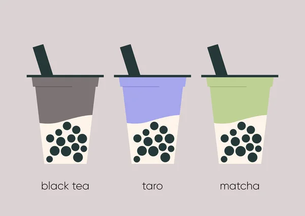 Set Boba Tea Cups Take Away Different Flavors Classic Black — Stockvektor