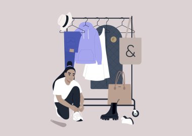 A rail of clothes hanging on hangers, fashion concept, a female Asian character trying different pairs of shoes on, an in-store shopping