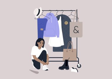 Askılarda asılı bir elbise demeti, moda konsepti, farklı ayakkabılar giyen beyaz bir kadın karakter, mağaza içi alışveriş...