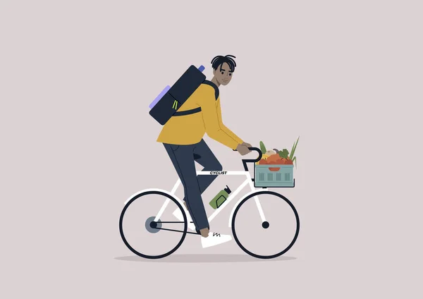 Young Male African Character Riding Bike Crate Full Vegetables Fruits — Image vectorielle