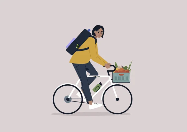 Young Female Caucasian Character Riding Bike Crate Full Vegetables Fruits — стоковый вектор