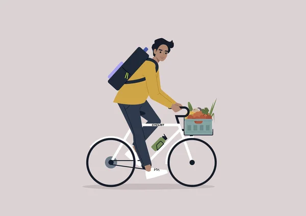 Young Male Caucasian Character Riding Bike Crate Full Vegetables Fruits — Stock Vector