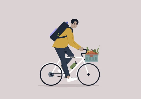 Young Male Asian Character Riding Bike Crate Full Vegetables Fruits — стоковий вектор