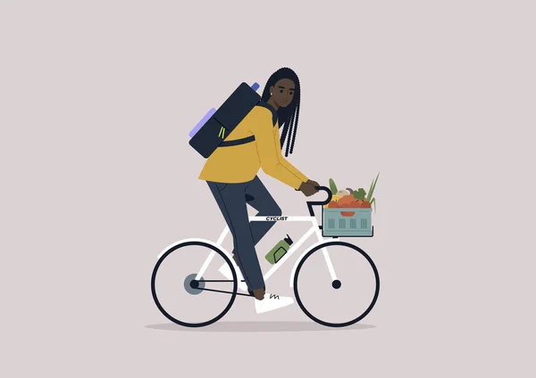 Young Female African Character Riding Bike Crate Full Vegetables Fruits — ストックベクタ