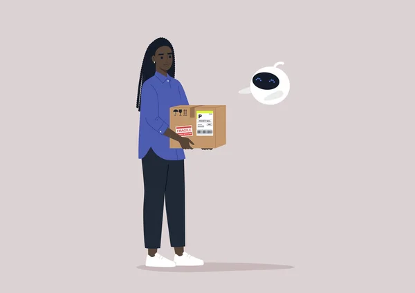Young Female African Character Giving Parcel Cute Robot Hovering Air — Stockový vektor