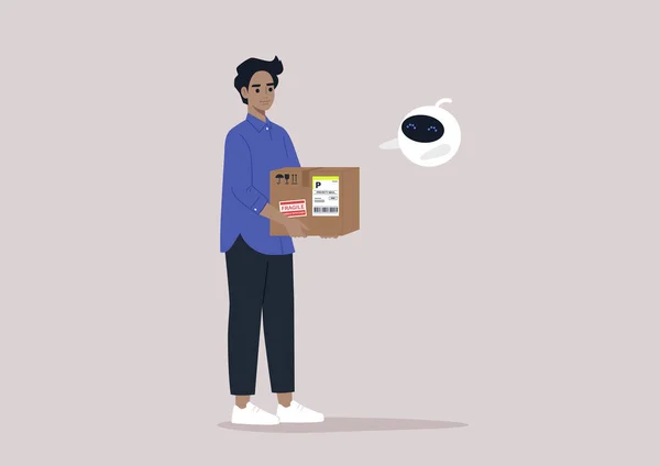 空中に浮かぶかわいい丸いロボットに小包を与える若い男性コーカサスのキャラクター 未来的な宅配便サービス — ストックベクタ