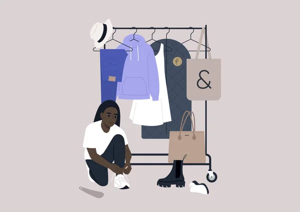 Een Spoor Van Kleding Opknoping Hangers Fashion Concept Een Vrouwelijk — Stockvector