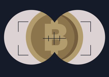 Bir bitcoin, kripto para piyasası eğilimi araştırmasına sabitlenmiş bir dürbün görüntüleyici 