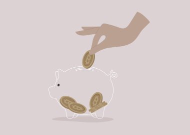 Kripto kumbarasına, kripto para piyasasına Bitcoin koyan bir el.