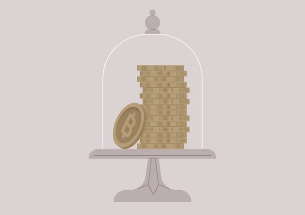 Μια Στοίβα Χρυσά Bitcoins Αποθηκευμένα Κάτω Από Γυάλινο Θόλο Μια — Διανυσματικό Αρχείο