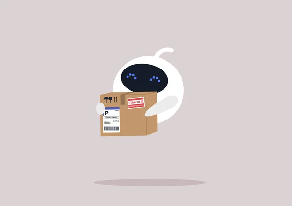 Симпатичний Білий Робот Тримає Посилку Наклейками Етикетками — стоковий вектор