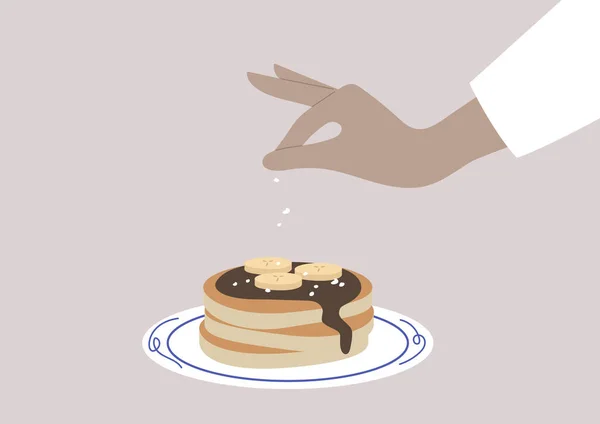 Pfannkuchen Auf Einem Teller Mit Bananen Und Schokoladensirop Einem Traditionellen — Stockvektor