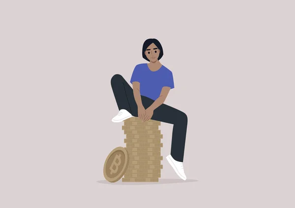 Jeune Personnage Assis Sur Une Pile Bitcoins Concept Service Bancaire — Image vectorielle