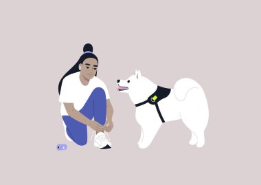 Genç bir Asyalı kadın, samoe köpeğiyle yürüyüşe çıkmaya hazırlanıyor.