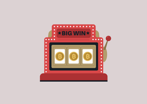 A crypto currency gambling machine, a one armed bandit with three icons of bitcoins in a row, a jackpot concept