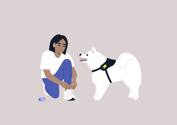 Joven Personaje Caucásico Hembra Preparándose Para Paseo Con Cachorro Samoyed — Archivo Imágenes Vectoriales