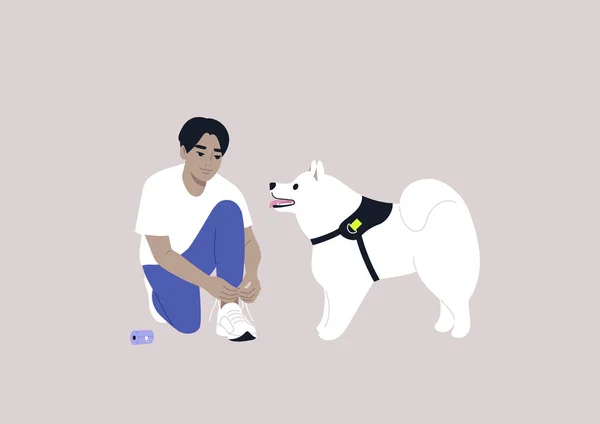 Jovem Personagem Asiático Preparando Para Passeio Com Seu Filhote Cachorro — Vetor de Stock