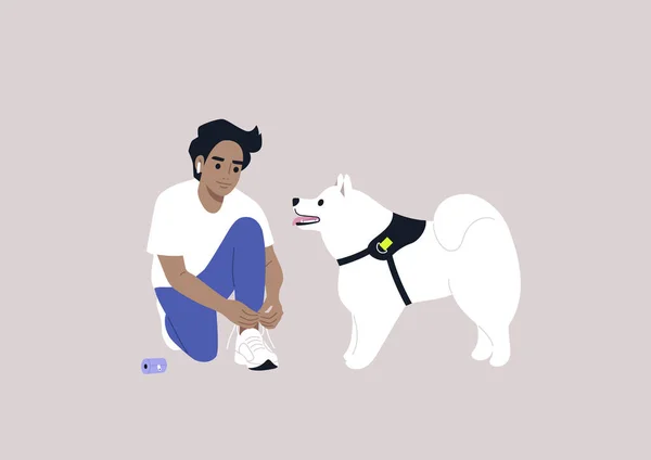 Genç Bir Beyaz Erkek Samoe Köpeğiyle Yürüyüşe Çıkmaya Hazırlanıyor — Stok Vektör