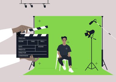 Bir film stüdyosunda krom bir ekran, sandalyede oturan beyaz bir erkek karakter, videoda çekilen kendine güvenen yakışıklı bir aktör.