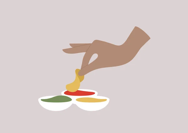 Hand Doppar Ett Potatischips Tomatsås — Stock vektor