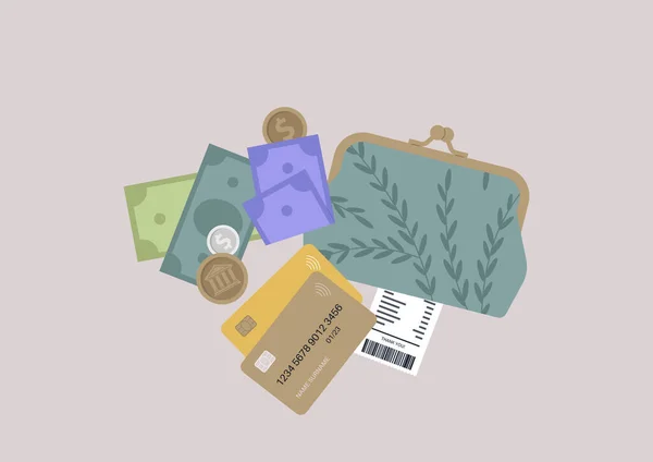 金融セット コイン 小切手 プラスチックカード付きのヴィンテージウォレット — ストックベクタ