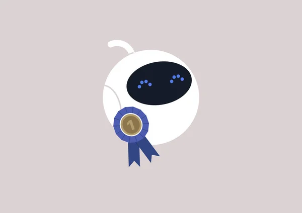 青いリボンで飾られた黄金のメダルを身に着けているロボット 優勝者 Ai最高の結果 — ストックベクタ