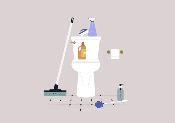 Sprzątanie Łazienki Zabytkowej Toalety Detergentów Chemicznych Szczotek Mopów — Wektor stockowy
