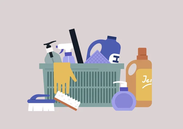 Zestaw Środków Czyszczących Spraye Detergenty Mydło Szczotki Zakup Supermarkecie — Wektor stockowy