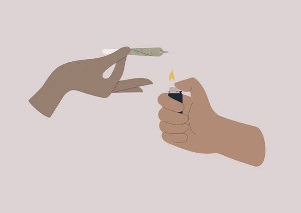 Uma Imagem Isolada Mãos Segurando Uma Articulação Cannabis Iluminada Isqueiro — Vetor de Stock