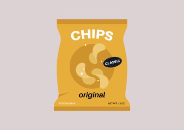 Plastik bir paket klasik patates cipsi, orijinal tat, sağlıksız atıştırmalıklar.