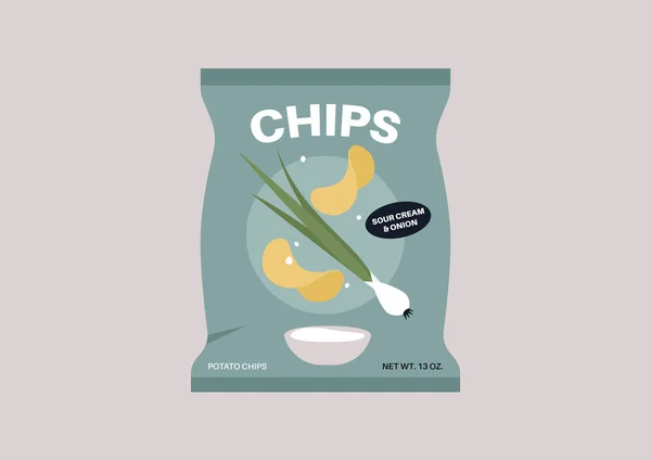 Una Bolsa Plástico Papas Fritas Con Crema Agria Cebolla Bocadillos — Vector de stock