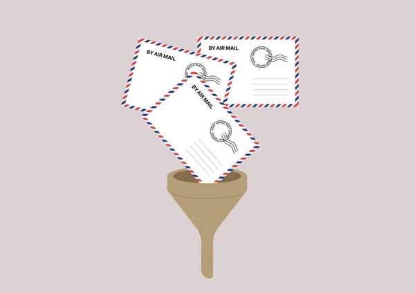 Filtro Spam Bloqueando Mails Indesejados Envelopes Correio Aéreo Caindo Funil —  Vetores de Stock