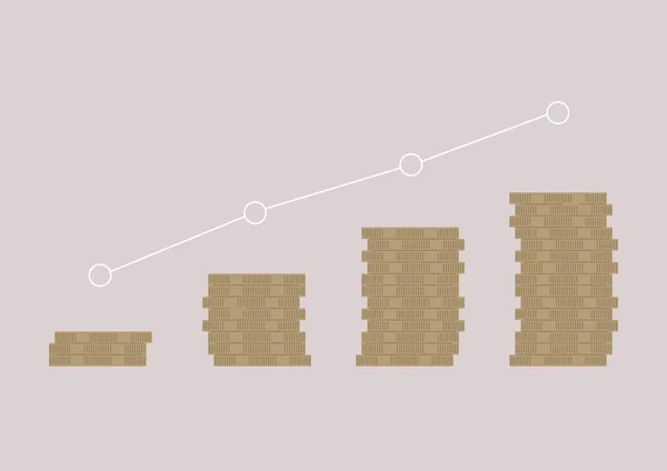 Ein Wachstumsdiagramm Der Geldeinsparungen Stapel Von Münzen Steigen Laufe Der — Stockvektor