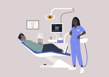 Bir dişçi sandalyesi ve aletler, röntgen görüntülü bir monitör, matkaplar ve stomatoloji dolabındaki diğer aletler.