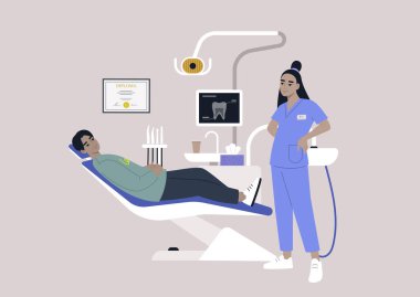 Bir dişçi sandalyesi ve aletler, röntgen görüntülü bir monitör, matkaplar ve stomatoloji dolabındaki diğer aletler.