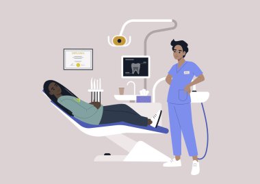 Bir dişçi sandalyesi ve aletler, röntgen görüntülü bir monitör, matkaplar ve stomatoloji dolabındaki diğer aletler.