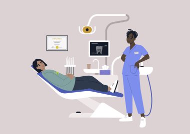 Bir dişçi sandalyesi ve aletler, röntgen görüntülü bir monitör, matkaplar ve stomatoloji dolabındaki diğer aletler.