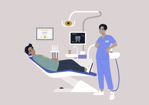 Ein Zahnarztstuhl Und Werkzeuge Ein Monitor Mit Röntgenbild Bohrer Und — Stockvektor