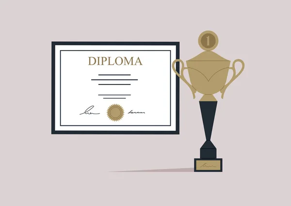 Kazanan Bir Diploma Altın Kupa Bir Başarı Konsepti — Stok Vektör