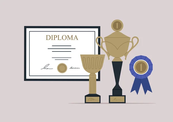 Conjunto Vencedores Certificado Diploma Emoldurado Vários Copos Ouro Uma Medalha — Vetor de Stock
