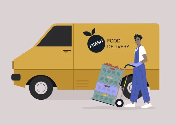 食料品配達サービスデニムの若い男性アフリカのキャラクターは 黄色のバンにカートを押して食べ物を配達する — ストックベクタ