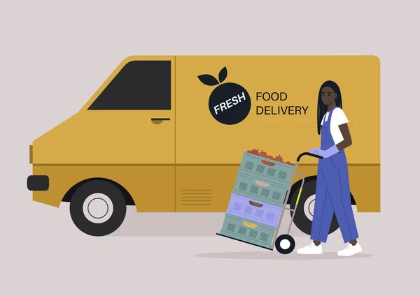 食料品の配達サービス デニムの若い女性アフリカのキャラクターは 黄色のバンにカートを押して食べ物を配達する全体 — ストックベクタ