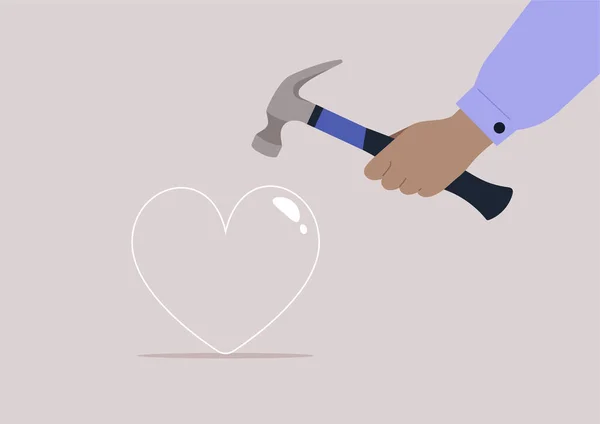 Ένα Χέρι Σπάει Μια Γυάλινη Καρδιά Ένα Σφυρί Αγάπη Χωρίς — Διανυσματικό Αρχείο