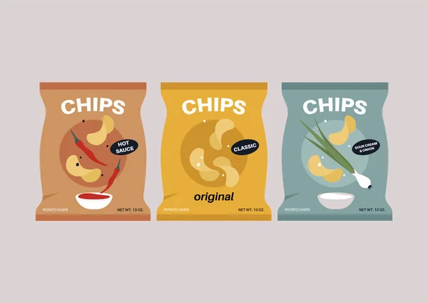 Een Verzameling Van Chips Plastic Zakken Met Verschillende Smaken Ongezonde — Stockvector