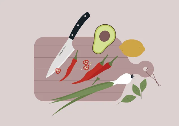 Ein Scharfes Messer Und Verschiedene Obst Und Gemüsesorten Auf Einem — Stockvektor