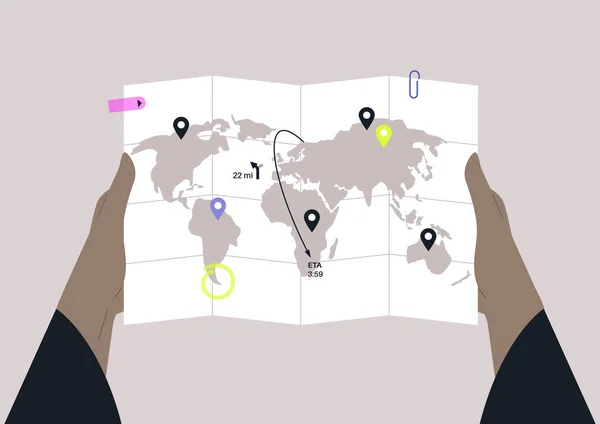 Mãos Segurando Mapa Global Com Linhas Dobráveis Pinos Geográficos Conceito — Vetor de Stock